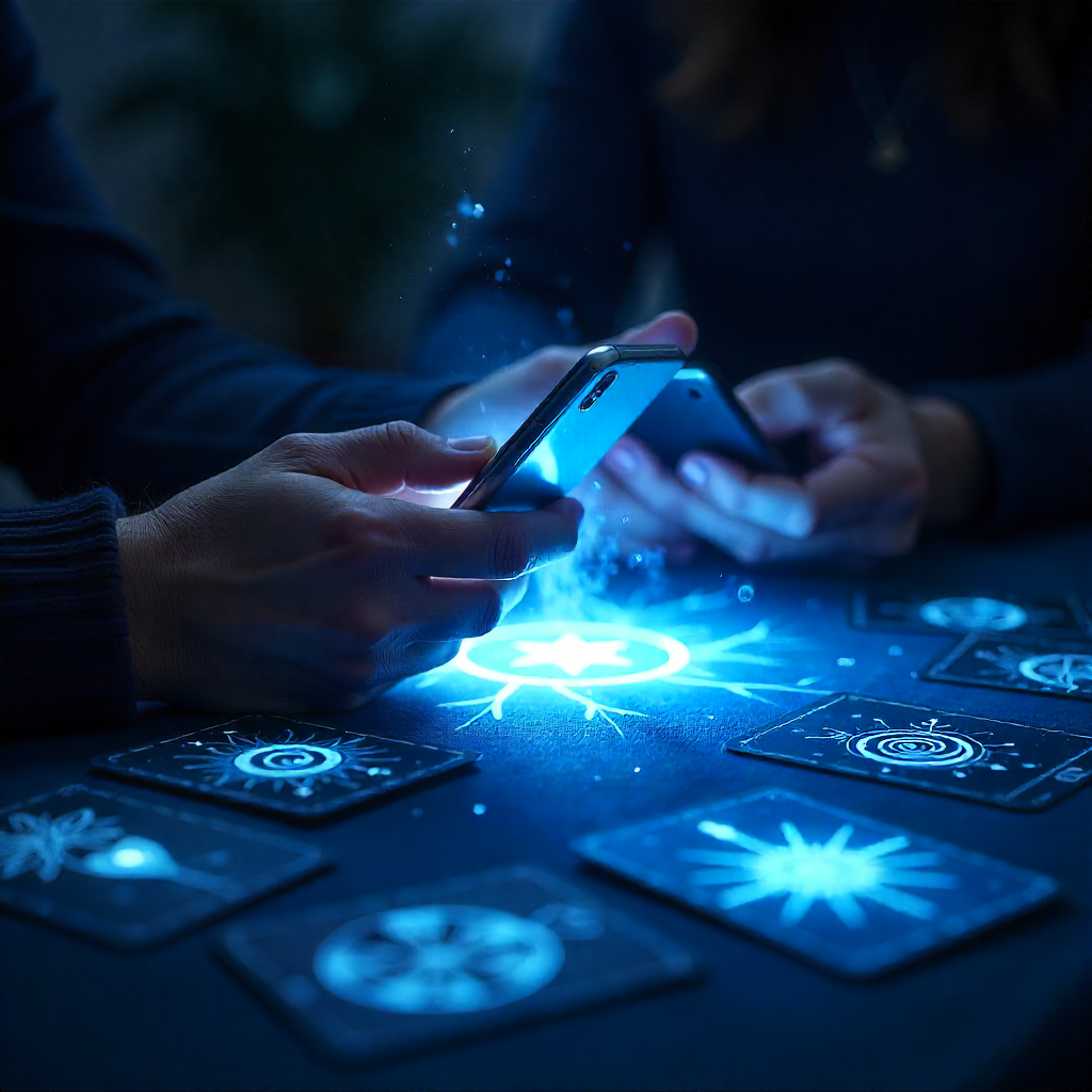 Lenormandkarten liegen auf einem Tisch für eine Telefonberatung