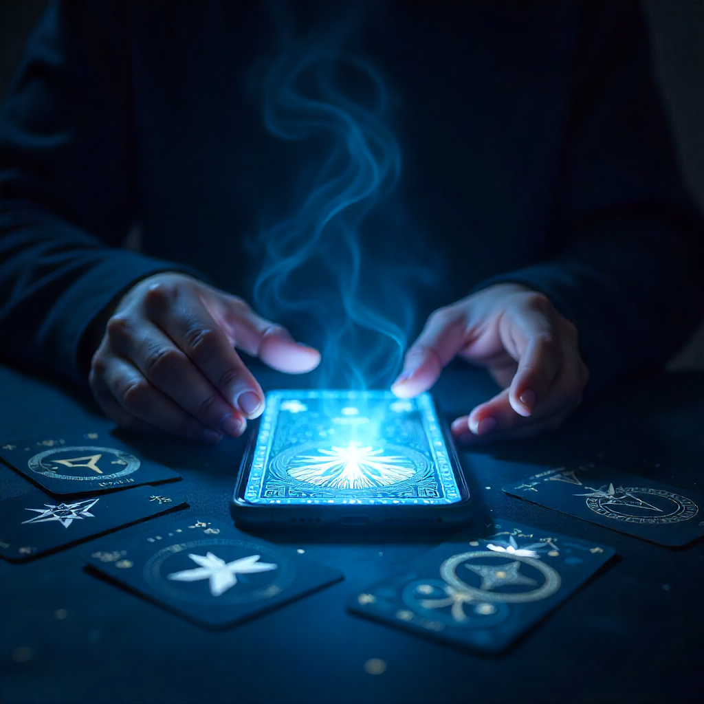 Wahrsagerin mit Kristallkugel am Telefon für eine Beratung zur Zukunft