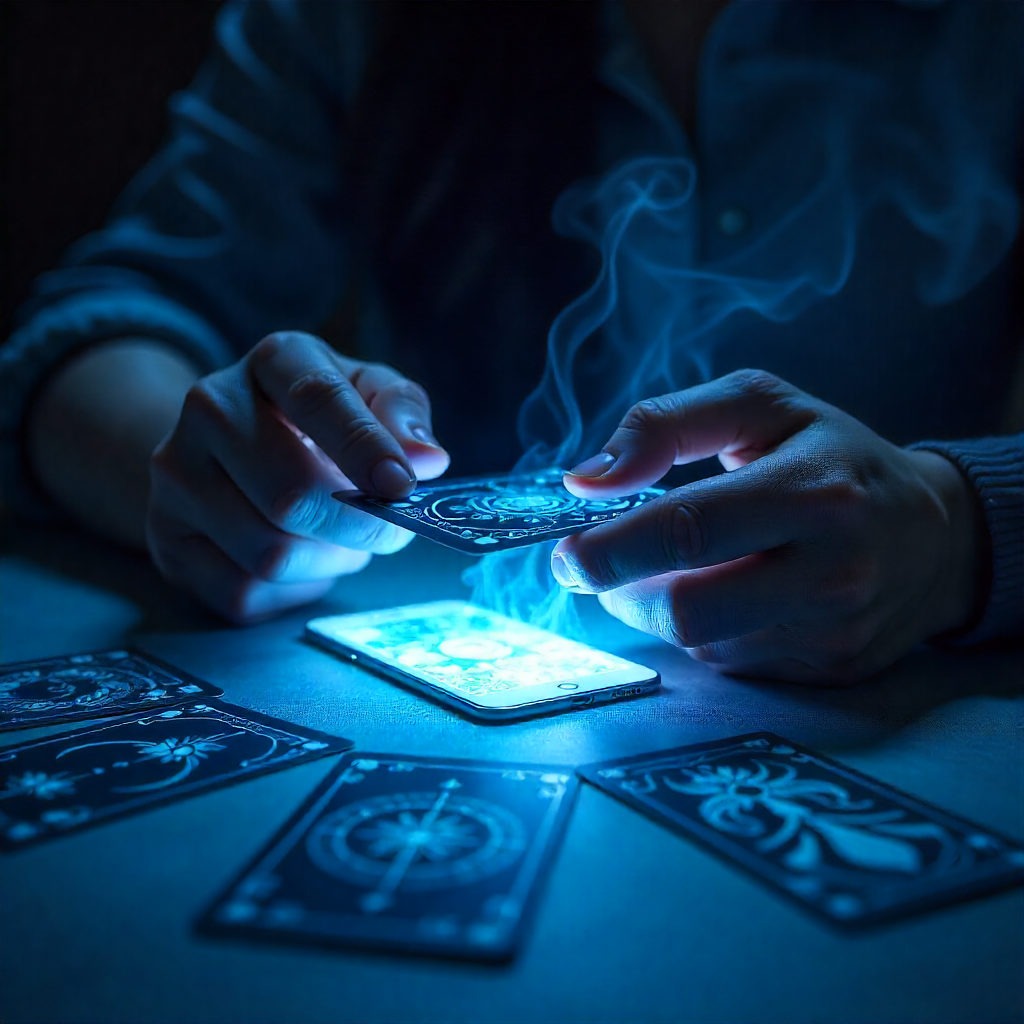 Hellseherin am Telefon mit mystischem Herz-Symbol für Liebesberatung